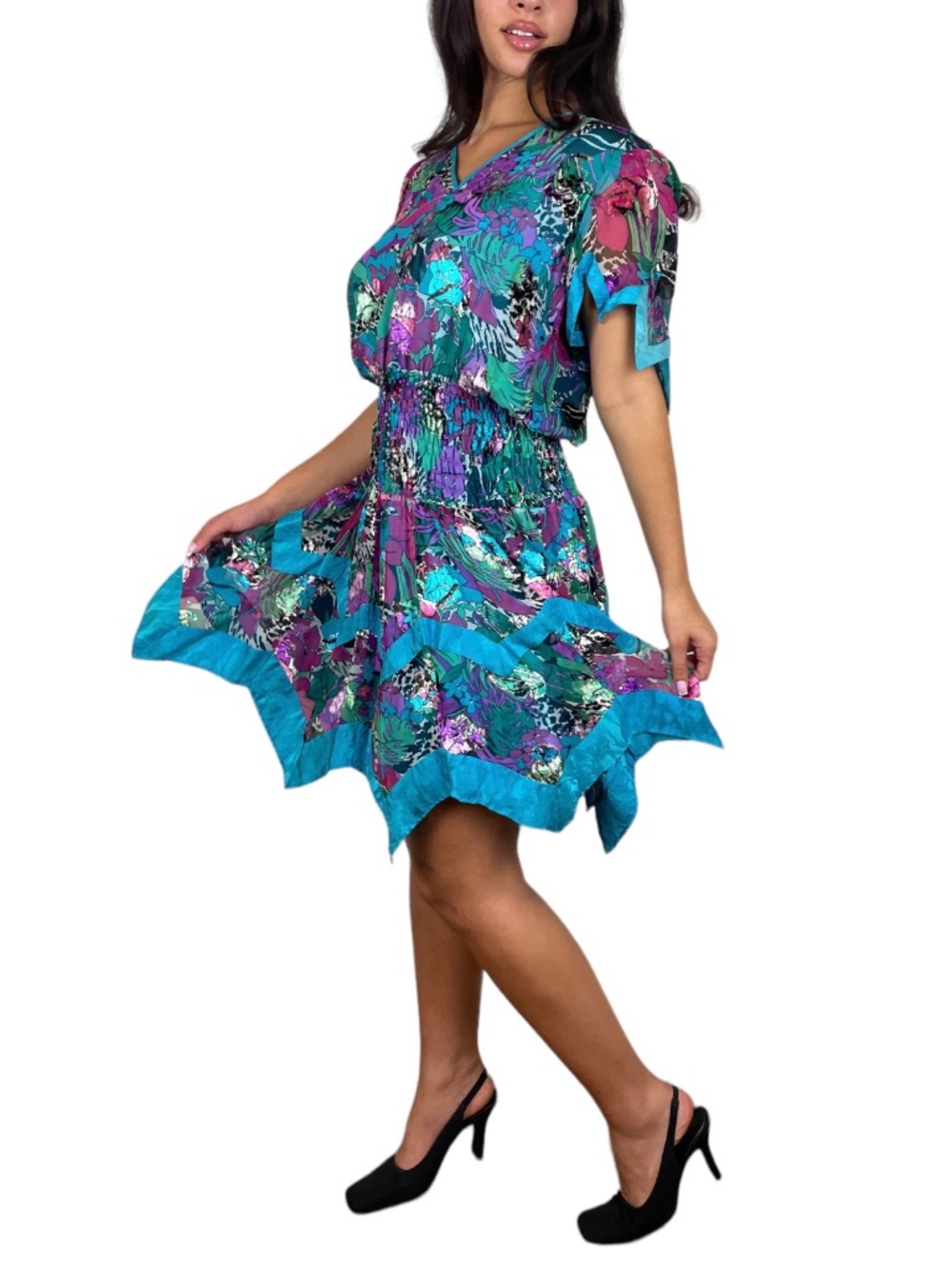 Vintage Diane Freis Multicolored Floral Blue Disco Dress